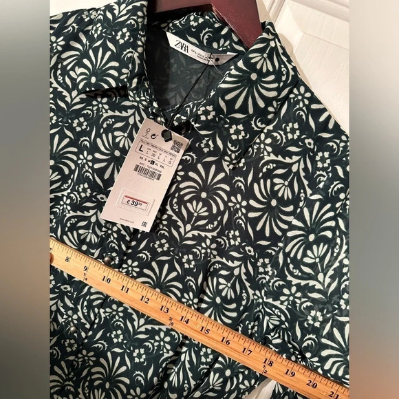NWT Zara Green Printed Button Down Dress Braided Self Belt Elastic Sleeves LARGE - Picture 14 of 15